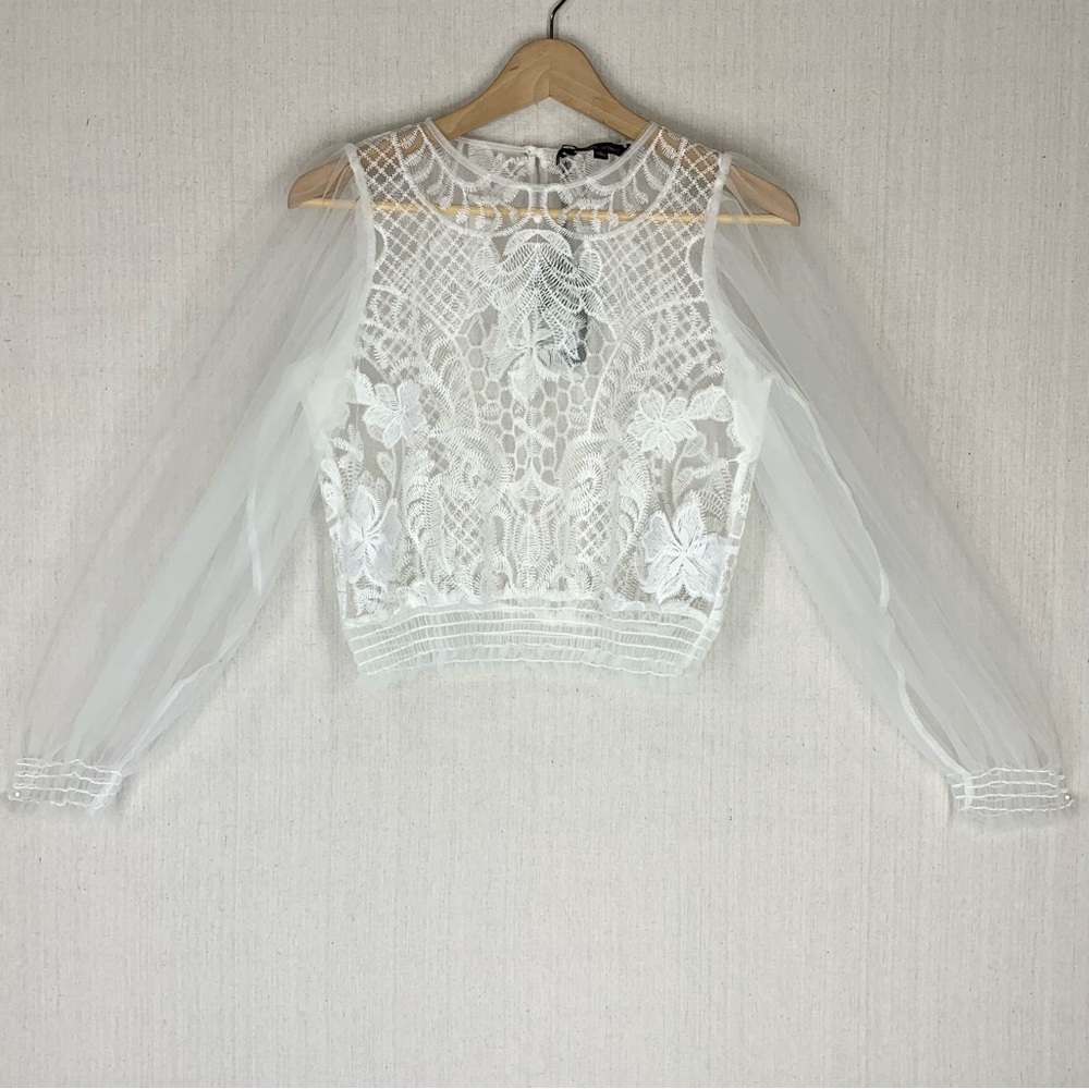 Love‎ University~NWT~Women’s Long Sleeve Sheer Top w/ Appliques~White~Sz S - Picture 2 of 15